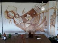 Mural con sangre de drago realizado durante evento feminsmo y animalismo